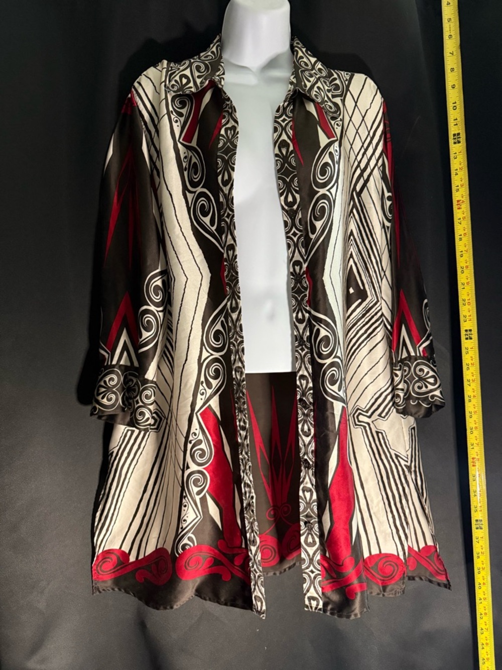 Chico's Black, White & Red Swirl Print Longline Jacket